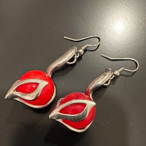 Elegant Silver and Red marble Earrings